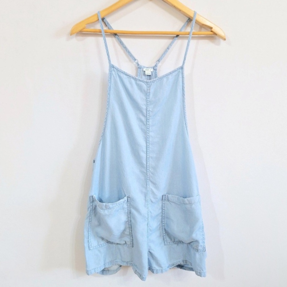Light Blue Denim Romper with Front Pockets